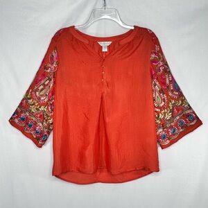 CJ Banks NWT Burnt Orange Embroidered 3/4 Sleeve Blouse‎ Bohemian Peasant Sz P/S